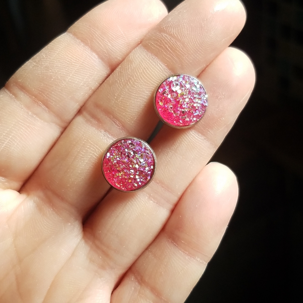 Glowing Neon Pink Druzy Studs - Handmade